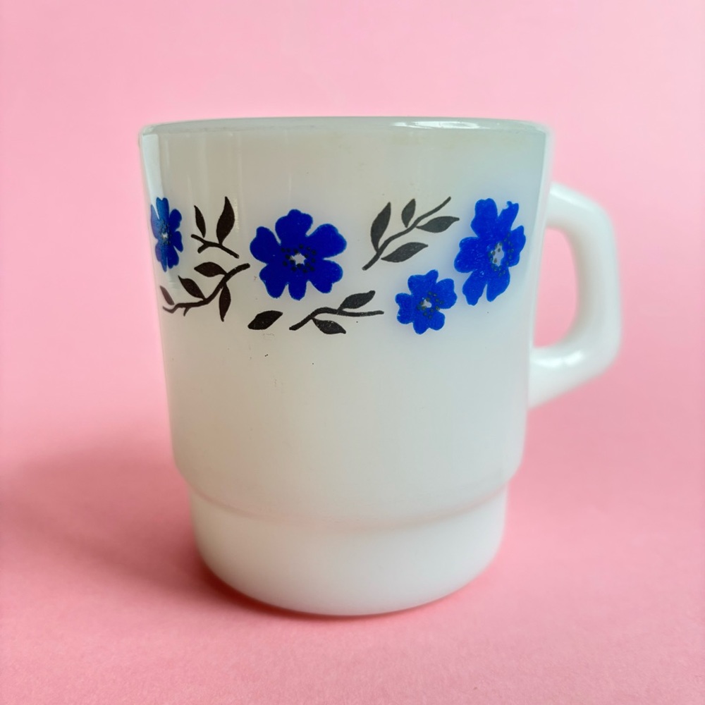 Vintage Termocrisa Milk Glass Mug with blue and grey flowers